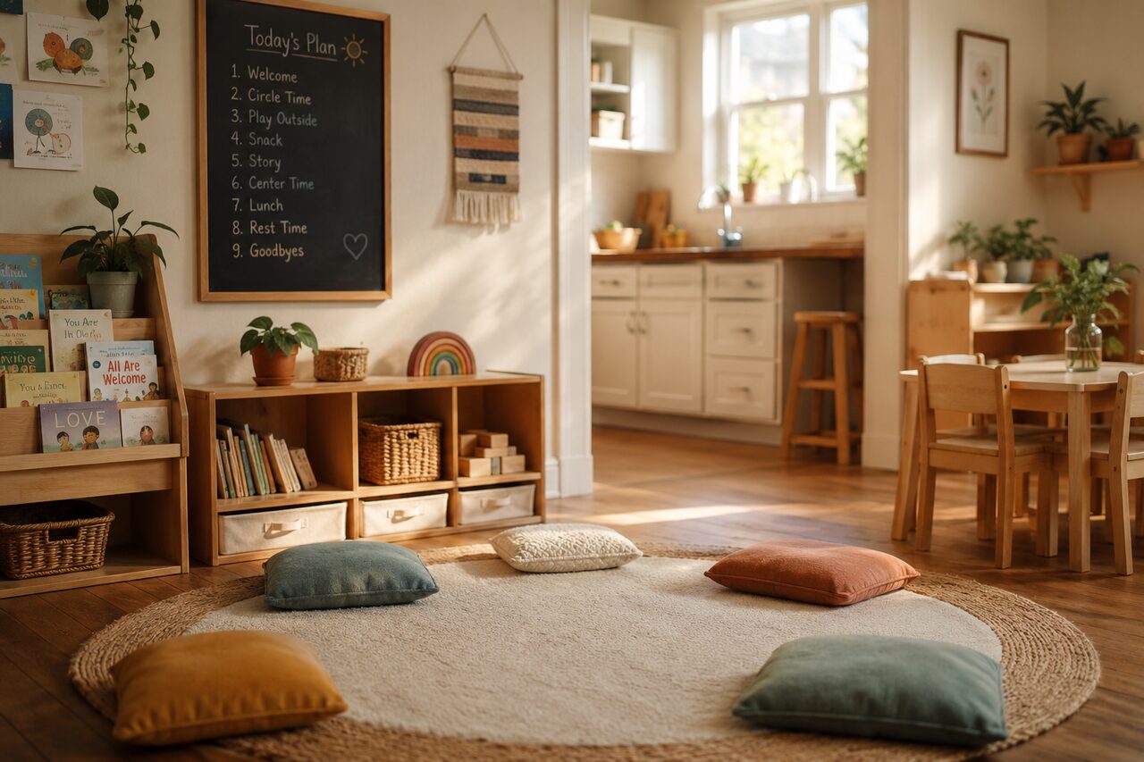 A warm, sunlit in-home daycare with low shelves of books and bins ready for the morning.