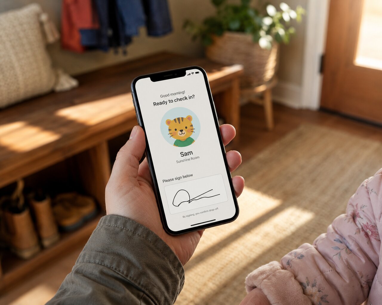 A parent signing in their child on their own phone in a sunlit entryway.