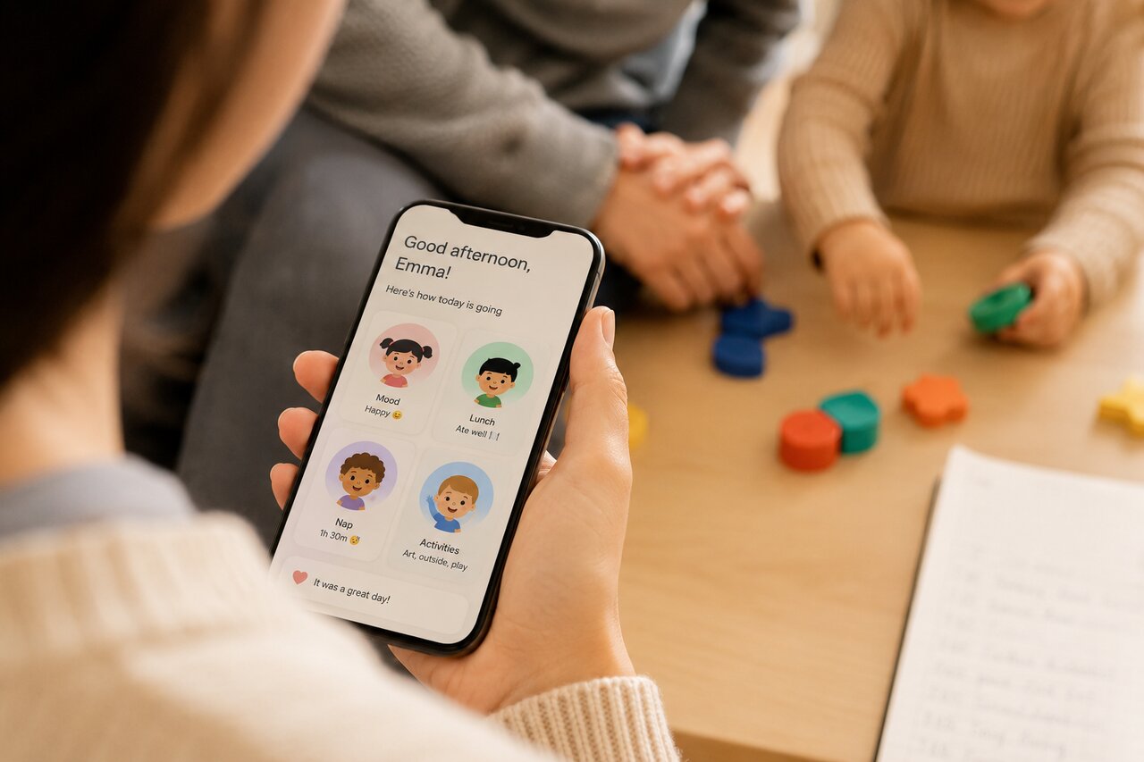 A daycare provider's hand holding a phone showing the Pico Parade check-in screen.
